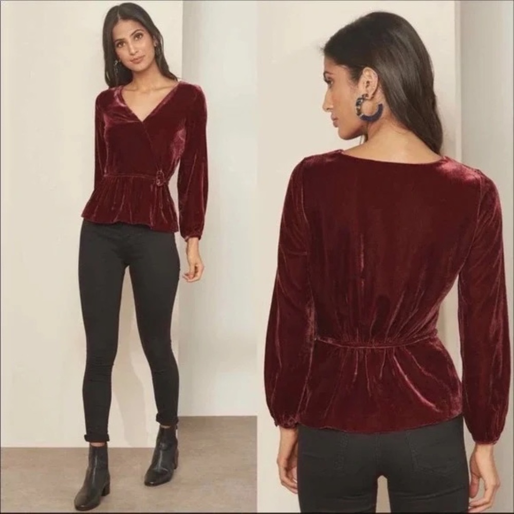 J CREW Burgundy Velvet Drapey Faux Wrap Top